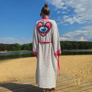 BALI MAXI Klasyczne długie kimono z różowym sercem