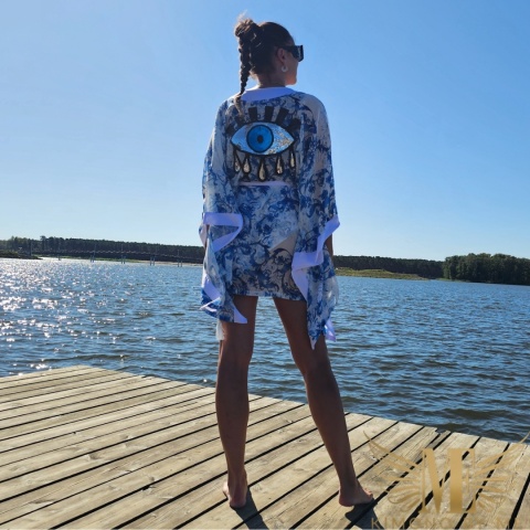 ALANYA MINI Kimono plażowe damskie w niebieskie ornamenty | MatchyMatchy