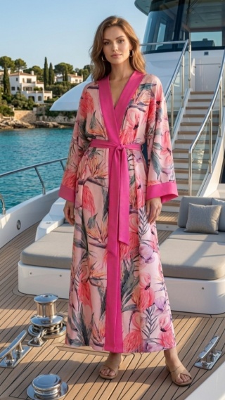ARUBA MAXI Klasyczne długie kimono we flamingi
