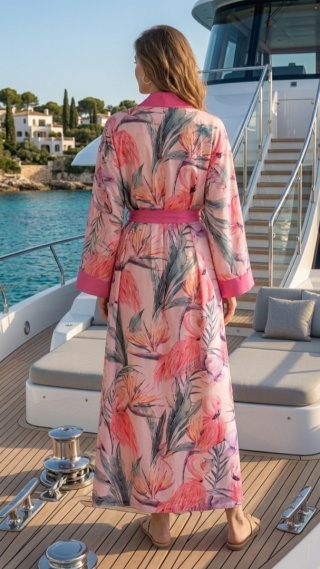 ARUBA MAXI Klasyczne długie kimono we flamingi