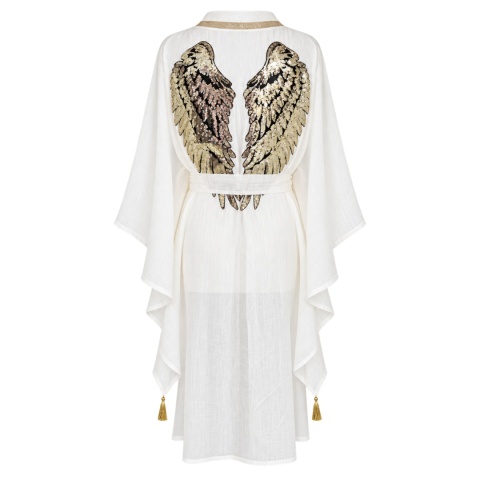 CAPRI GOLD MIDI – asymetryczne kimono ze złotymi skrzydłami | śmietanka | KIMONO BY ME