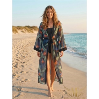 COSTA RICA BLACK MAXI Klasyczne długie kimono, wzór rajski ptak