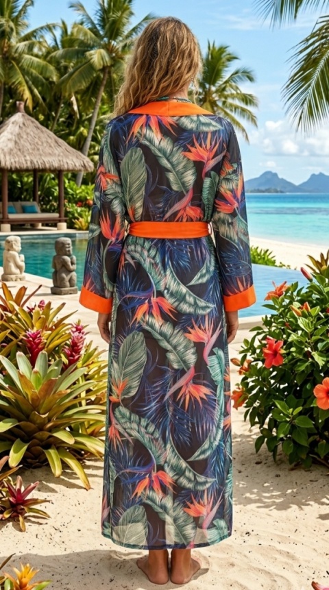 COSTA RICA MAXI Klasyczne długie kimono, wzór rajski ptak