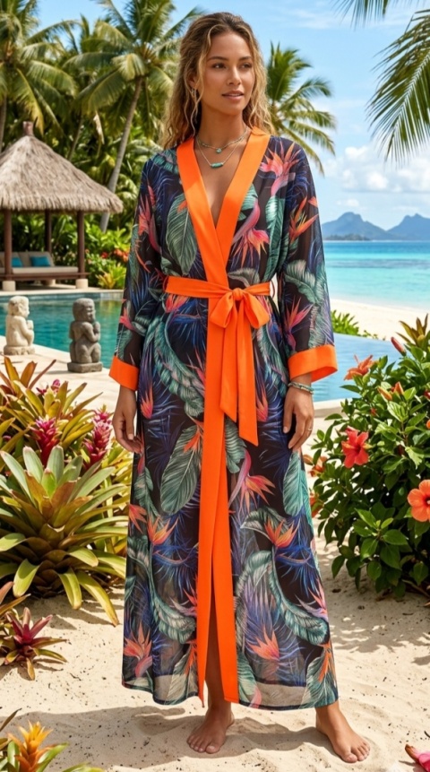 COSTA RICA MAXI Klasyczne długie kimono, wzór rajski ptak