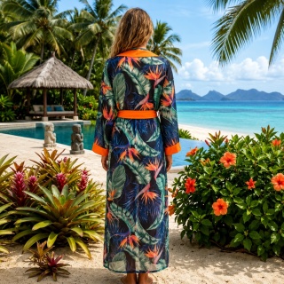 COSTA RICA ORANGE MAXI – Długie kimono plażowe | Wzór Rajski Ptak | KIMONO BY ME