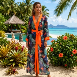 COSTA RICA ORANGE MAXI – Długie kimono plażowe | Wzór Rajski Ptak | KIMONO BY ME