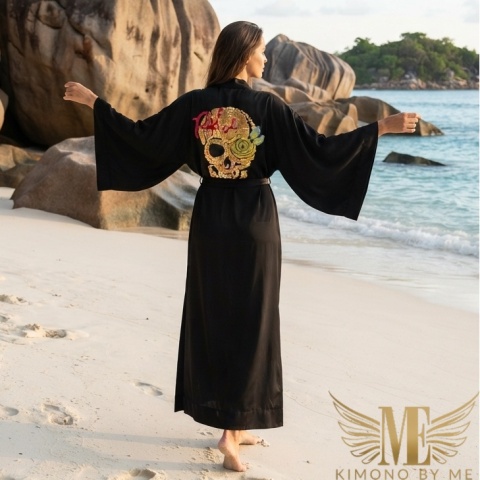 CRYSTAL MAXI Czarne długie kimono plażowe ze złotą czachą | KIMONO BY ME