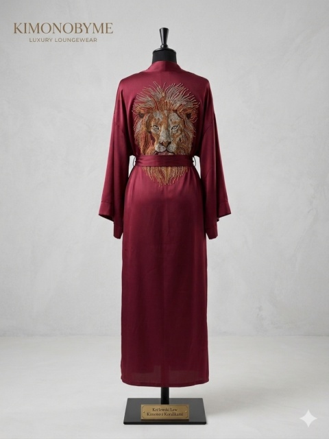 Crystal - Klasyczne długie kimono bordo, lew