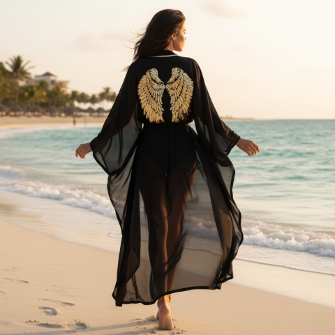 DUBAJ MIDI – Asymetryczna narzutka plażowa ze złotymi skrzydłami | KIMONO BY ME