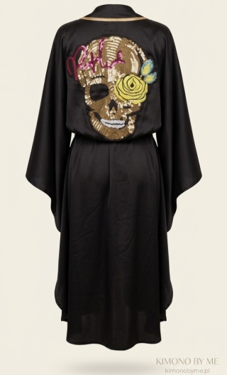 DUBAJ MIDI Asymetryczne kimono plażowe ze złotą czachą