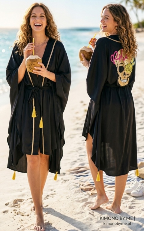 DUBAJ MIDI Asymetryczne kimono plażowe ze złotą czachą