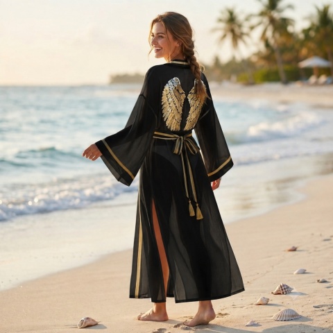 IBIZA CZARNE DŁUGIE KIMONO ZE SKRZYDAMI