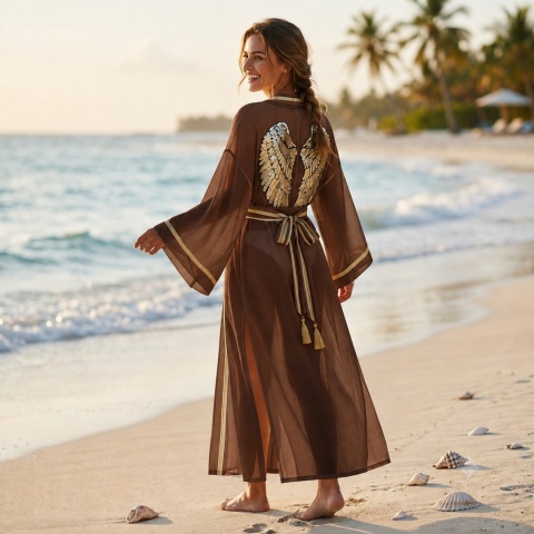 Długie kimono plazowe dla kobiet Ibiza maxi , czekoladowy brąz