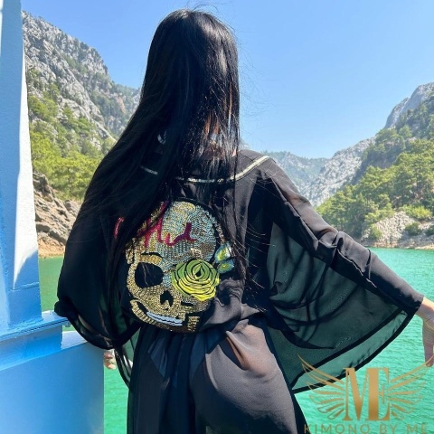 Kimono Plażowe ze złotą czachą Dubaj maxi – czarne