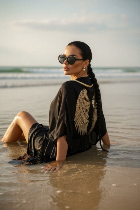 czarne kimono ze skrzydłami