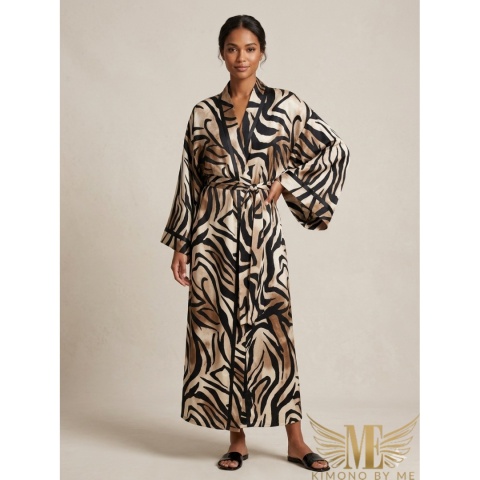 SAVANNA CHIC MAXI Klasyczne długie kimono ze skrzydłami, czekoladowa zebra
