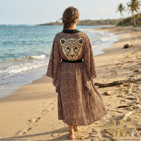 TANZNIA MIDI asymetryczne kimono plażowe w panterkę